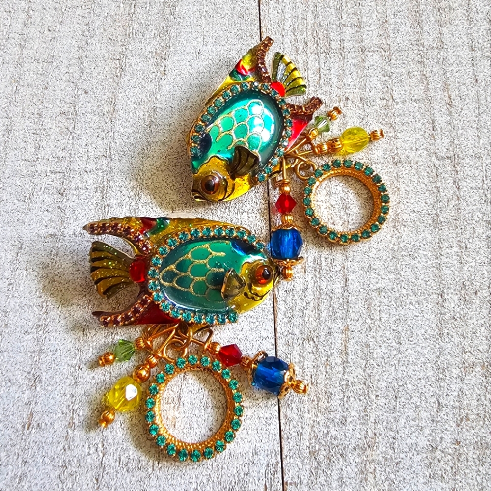 Lunch At The Ritz Enamel Earrings. Angel Fish Earrings. Caribbean. 22k Gold